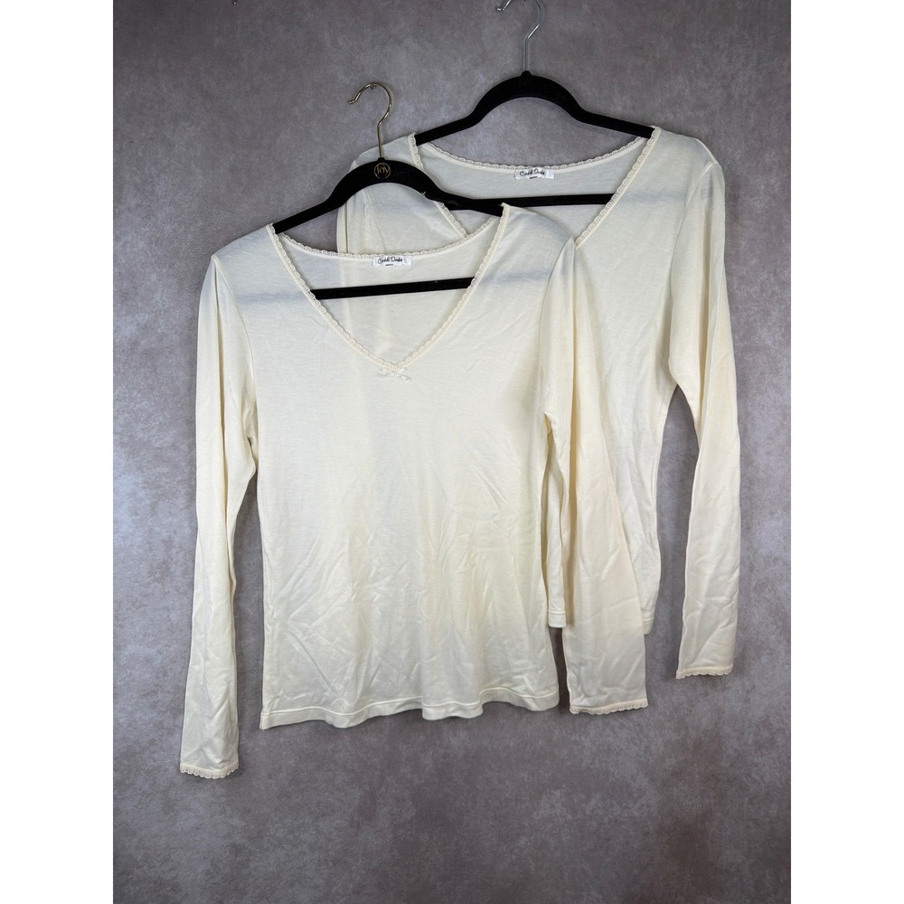 Cuddl Duds Silks V Neck Under Shirt Lace Detail Cotton Blend Silky Med Set of 2